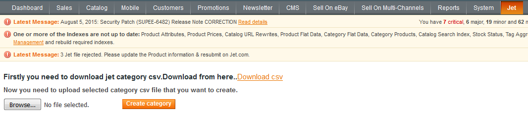 Upload csv Having Jet Categories