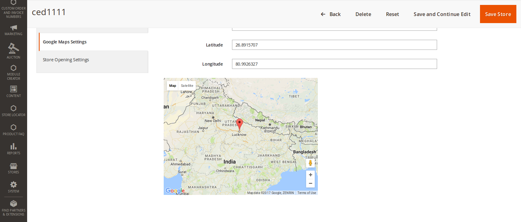 Admin can verify that the store created by him shows correct location on map.