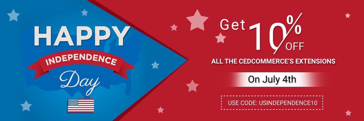 Independence Day Discounts: Get 10% off of all the CedCommerce’s Products on July 4th. Independence Day Discounts: Get 10% off of all the CedCommerce’s Products on July 4th.