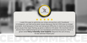 The image displays a five star review from Mishycobabies for the Facebook and Instagram Shopping App.